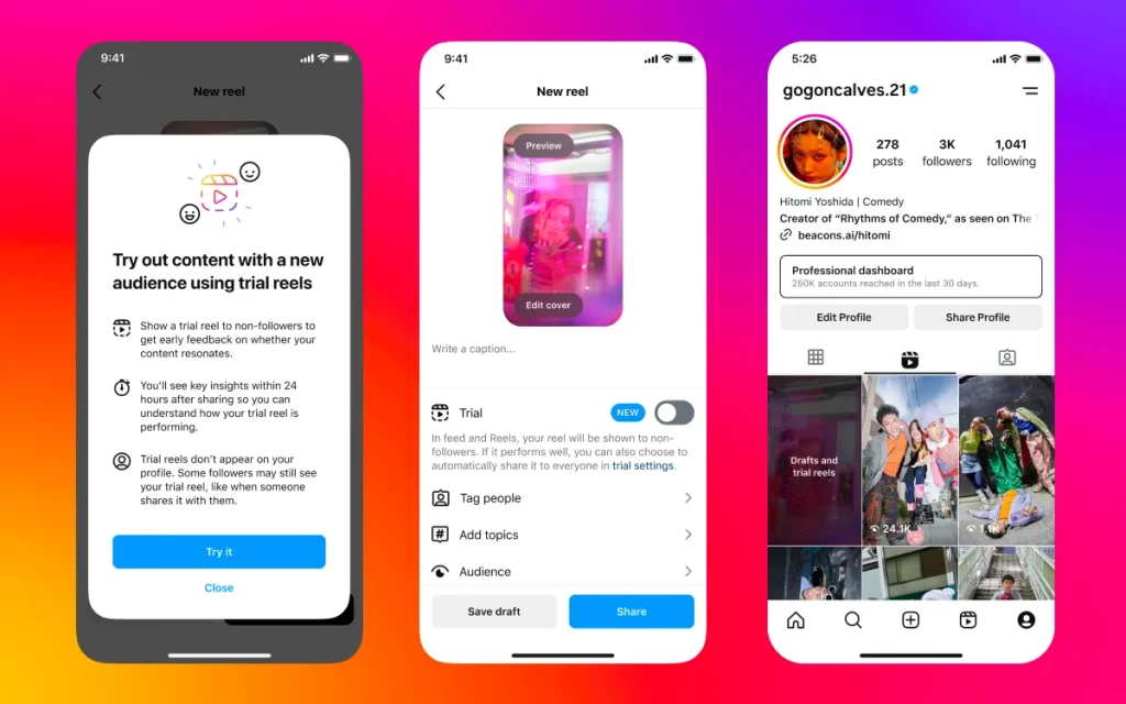 Tampilan fitur "Trial Reels" di Instagram